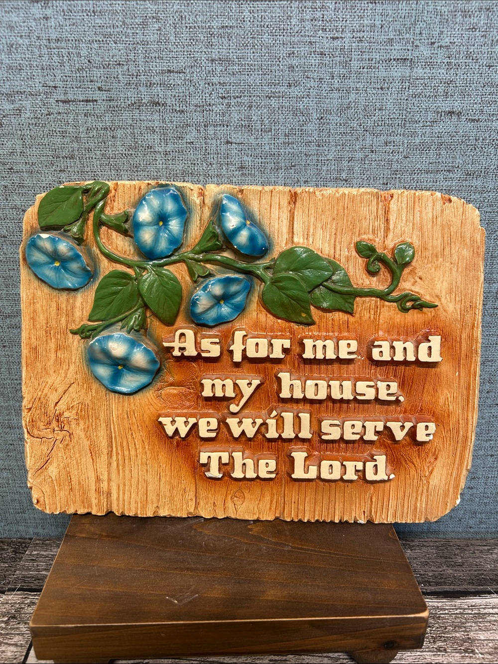 Vintage Chalkware Wall Plaque – Morning Glories & Bible Verse
